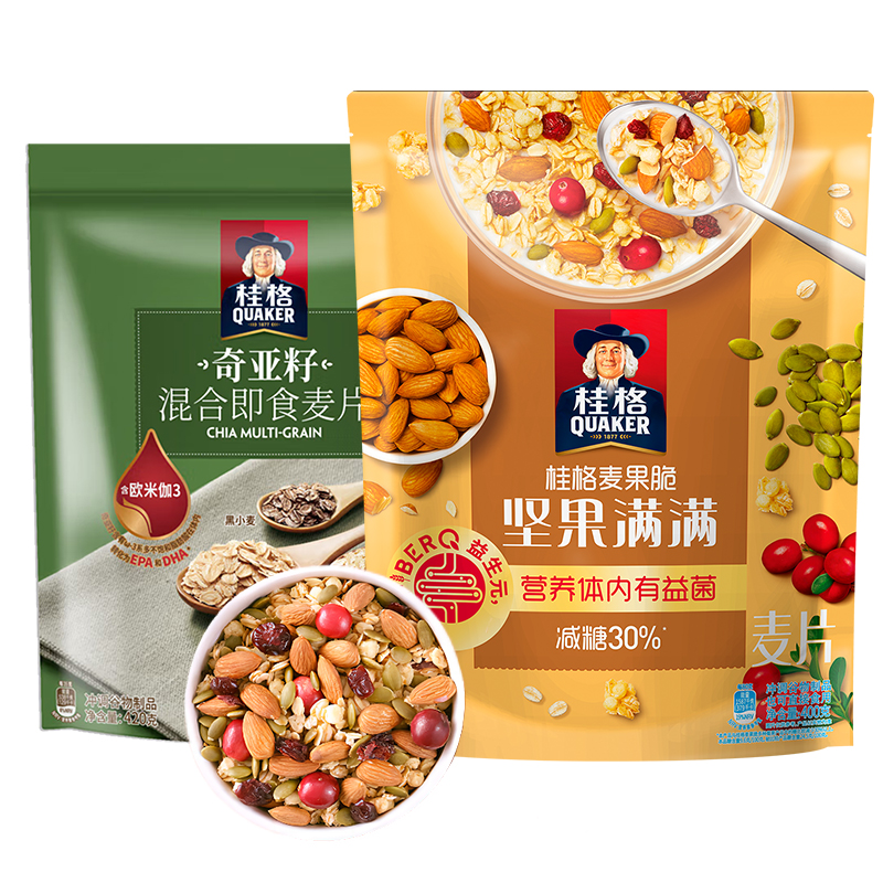 【XJ】桂格 麦果脆坚果满满400g+桂格奇亚籽混合麦片420克
