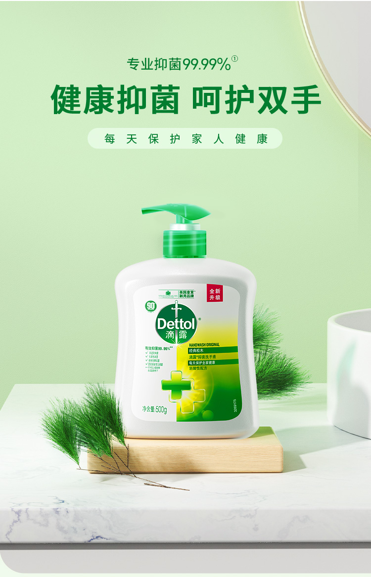 【LJ】滴露（Dettol）健康抑菌洗手液自然清新500g瓶 消毒抑菌非补充装 儿童家庭用清爽去油