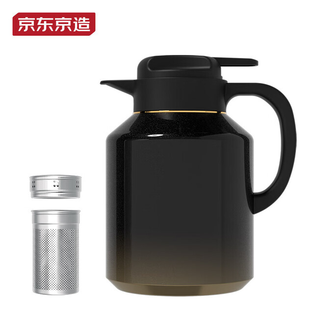 京东京造 TWD2609 焖茶壶316不锈钢内胆闷茶壶泡茶壶带长短双滤网保温壶 轻奢黑金2L