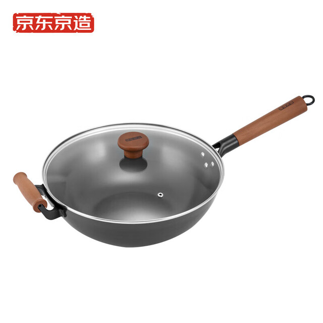 京东京造 DFS-C019A-JD 炒锅 铁锅 纯铁精铸无涂层不粘炒菜爆炒锅 炉灶通用带锅盖32cm
