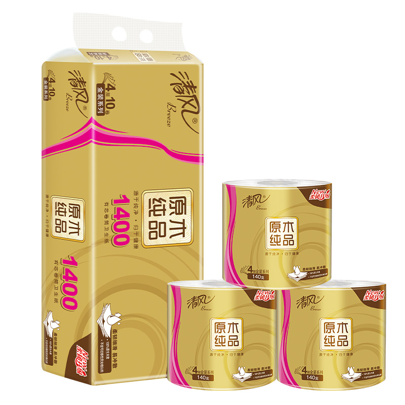 清风 原木纯品有芯卷筒卫生纸4层140g/卷*10卷