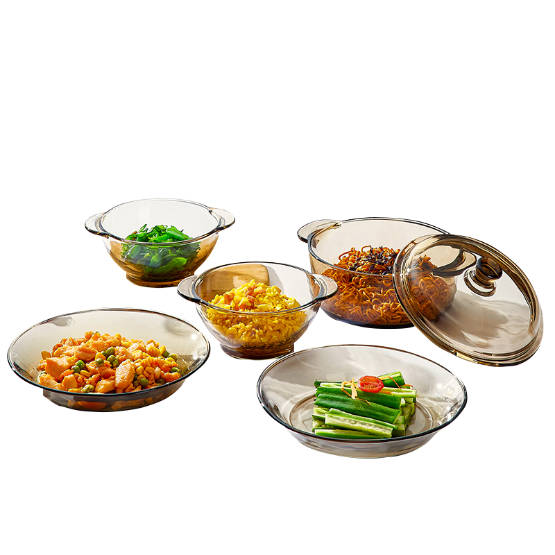青苹果 茶色五件套玻璃煲+双耳碗2只+深盘2只