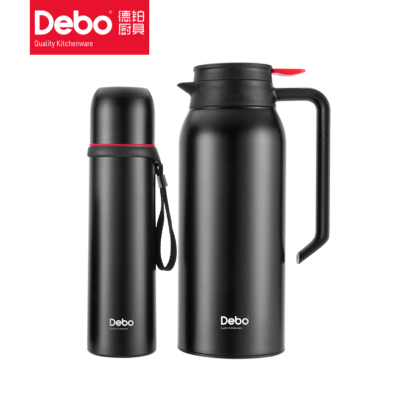 Debo德铂   皮尔森保温壶304不锈钢保温杯套装（500ml+1500ml，黑色，DEP-662）