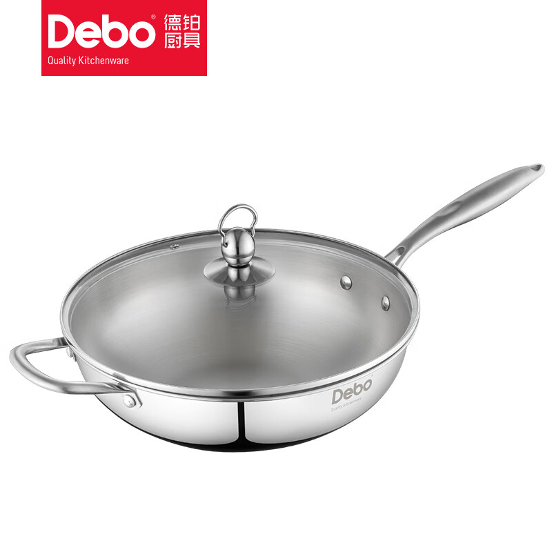 Debo德铂  炒锅炒菜锅32cm不锈钢厚底无涂层明火电磁炉通用（32cm，银色，DEP-316）